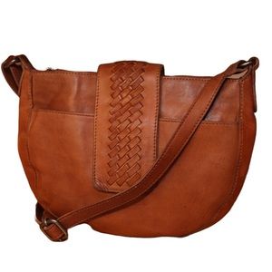 Vilenca Holland Brown Woven Leather Half Moon Shoulder/Crossbody Bag